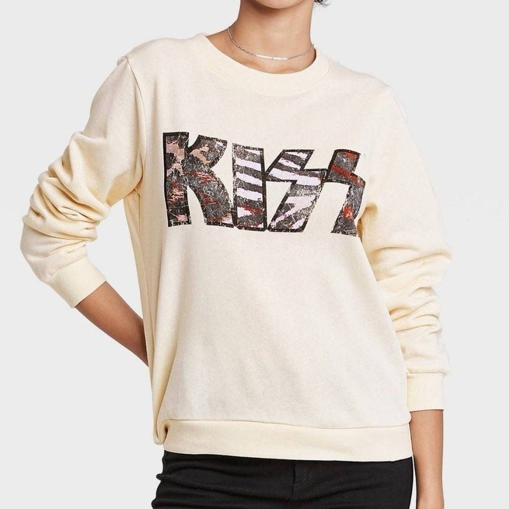 Kiss Band Distressed Graphic Pullover Sweater Cream Medium